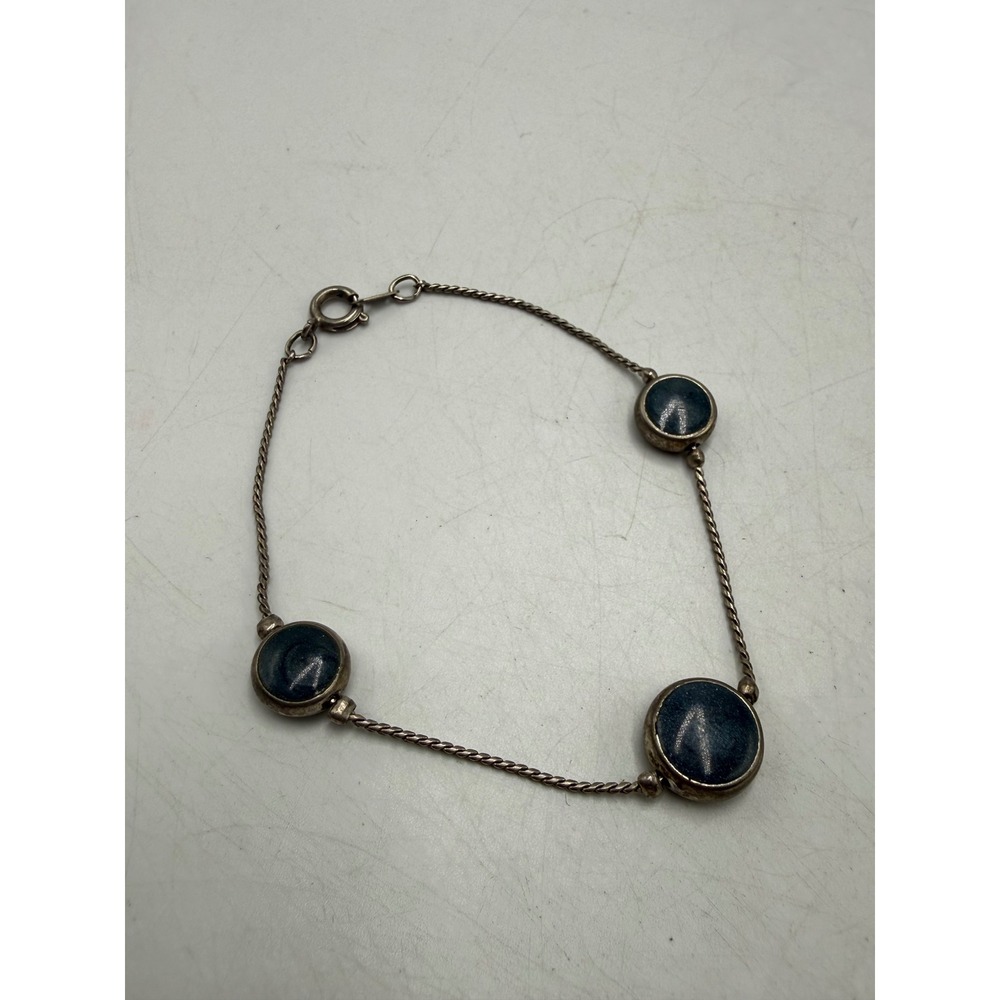 Vintage Blue Enamel Station Bracelet Silver Tone Twisted Rope Chain 7.5 Inch